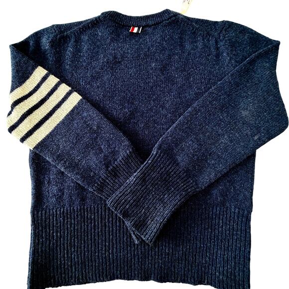 THOM BROWNE: Men's Navy Shetland Wool Crew Pullover - 1 - Picture 5 of 9